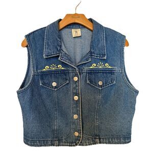 Apache West Wanted Threads Vintage Denim Jean Embroidered Cropped Vest, SZ Large